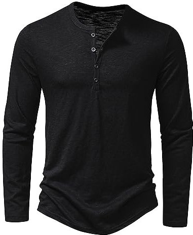 NOAGENJT Men's Shirts Long Sleeve Dark Slim-Fit Long-Sleeve Waffle Henley Shirt Black