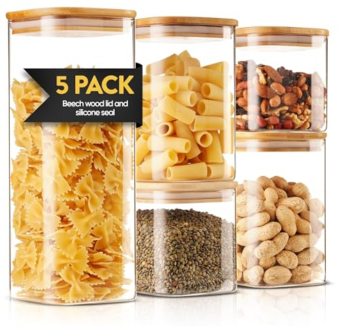 Wrenbury Glass Containers with Wooden Lids Airtight - Set of 5 - Spaghetti Storage Jar for Kitchen - Square Borosilicate Pasta Jars - 1000ml 600ml 1800ml