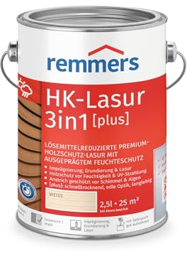 Remmers HK-Lasur Lasure 3 en 1 [plus] Blanc mat, 2,5 l, Lasure de protection du bois de qualité supérieure à réduction de solvants pour l'extérieur, 3 en 1, séchage rapide, durable
