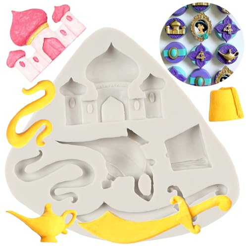 QDMOLDS Silikonform mit Aladdin-Mythos und Aladin-Lampe, Schloss, Teekanne, Schwert, Fondant, Form für Kuchendekoration, Schokolade, Cupcake-Topper, Süßigkeiten, Zucker, Handwerk, Polymer-Ton,