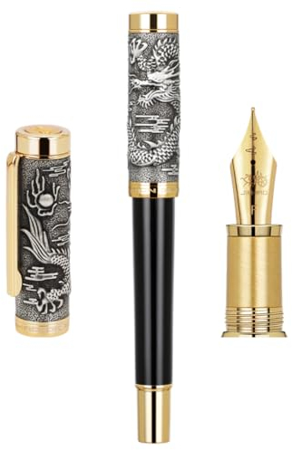 Jinhao Fountain Pen Heartbeat Fine Nib,Ancient Silver & Golden Trim Dragon Stereoscopic Carving Cap Design With Gift Case