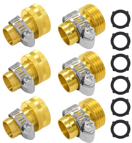 Hooshing 1,9 cm Messing-Gartenschlauch-Reparatur-Anschluss, Wasserschlauch, Verbindungsstück, männlich und weiblich, Schlauchendstück mit Klemmen, 3 Sets