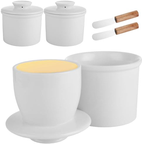 Acrux7 Paquete de 2 recipientes de mantequilla francesa con tapa para encimera, recipiente de mantequilla de cerámica con agua para mantequilla fresca untable, soporte de mantequilla francesa de