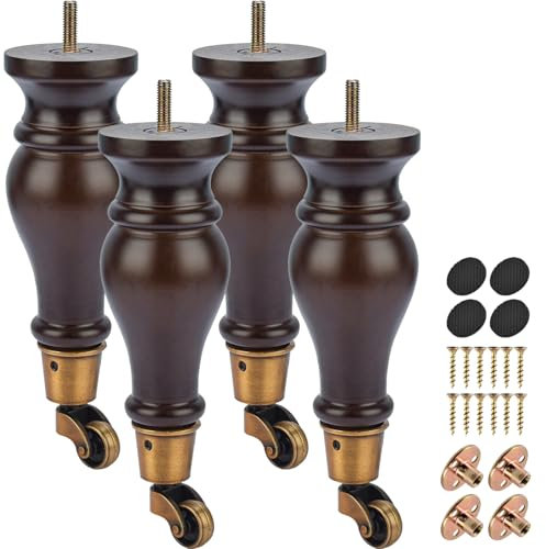 La Vane 22cm Holz Möbelfüße mit Lenkrollen, 4 Stück Massivholz Spindel DIY Ersatz Möbelbeine mit Rollen & M8 Montageplatten & Schrauben für Sofa Schrank Sessel Ottomane Liegestuhl