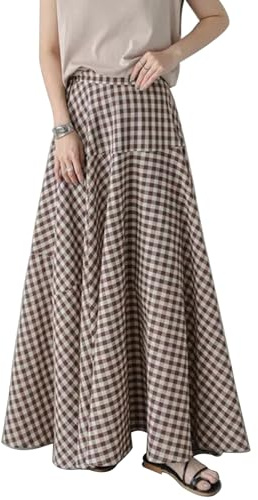 Jupe longue vintage à carreaux pour femme - Coupe trapèze - Été et printemps - Taille haute élastique - Jupe midi plissée fluide
