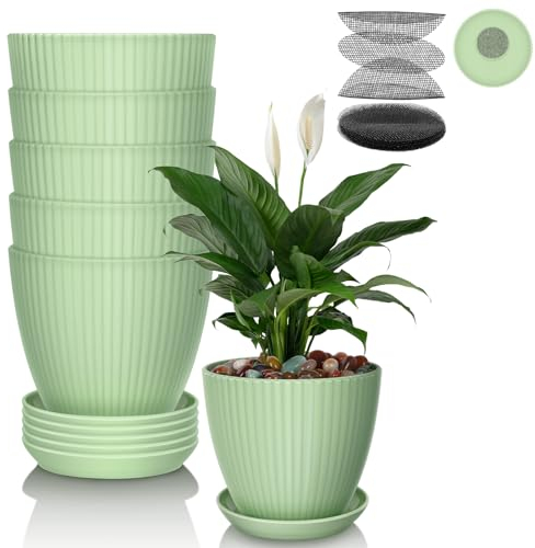 IHKFEILAN 15 cm Plant Pots Indoor, 6 Pack Plastic Plant Pots, with 10 Pack Flower Planter Mesh Pad, Indoor Outdoor Flower Planter with Drainage Hole and Saucer for All House Plants (Green)