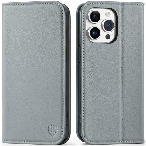 SHIELDON Genuine Leather Case for iPhone 15 Pro Max 5G, Magnetic Wallet Case with [Kickstand][TPU Shell][RFID Blocking][Card Slots] Folio Flip Case Compatible with iPhone 15 Pro Max - Bluish Gray