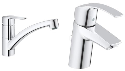 GROHE StartEco - Einhand- Spültischarmatur & Eurosmart - Einhand-Waschtischarmatur für das Bad (S-Size, mit Zugstange, Ablaufgarnitur, Temperaturbegrenzer), chrom, 33265002