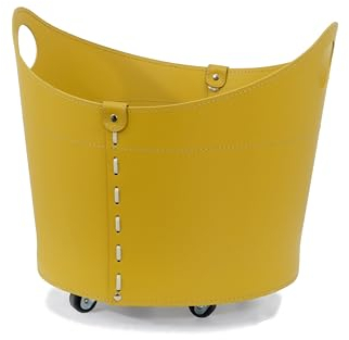 LIMAC Design CADIN MINI portalegna in cuoio, borsa porta legna da interno, cesto per legna da ardere, con ruote gommate, lavorazione artigianale, prodotto in Italia. Giallo ocra