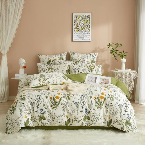 Luowei Blumen Bettwäsche 220x240 Baumwolle 3-Teilig Bettbezug Weiß Grün Bettwäsche Sets 135 x 200cm mit 2 Kissenbezug 80x80cm Oeko-Tex Bettwäsche Set mit Reißverschluss