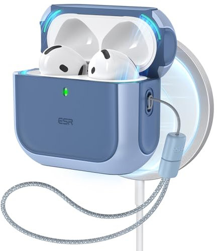 ESR für AirPods 4 Hülle, kompatibel mit AirPods 4 Gen (2024) (USB-C), Unterstützt kabelloses Laden, Schutzhülle mit Handschlaufe, Magnetischer Deckel, Orbit Hybrid Hülle, Blau