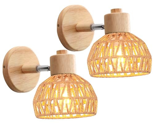 iDEGU 2 Stücke Wandleuchten Innen Retro Wandlampe aus Holz Rattan Halbkreis Lampenschirm Vintage E27 Verstellbare Wandspot Industrie Lampe für Schlafzimmer Wohnzimmer Flur Café (15cm, Braun Rattan)