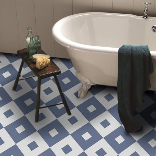 Alwayspon 20Pcs White and Blue Waterproof Non-slip Floor Tiles Decal for Kitchen Bathroom Living Room, Vinyl Flooring Self-adhesive Peel and Stick Vinyl Sticker.