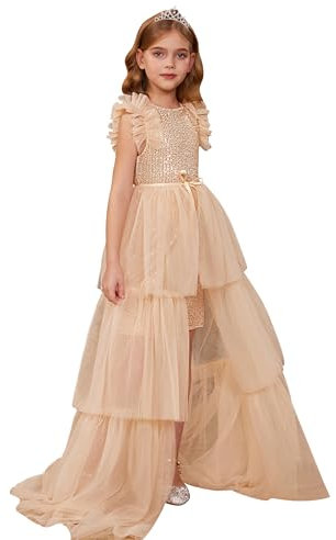 GRACE KARIN Abito Formale per Bambina Abiti con Paillettes+Gonna tutù per 13-14 Anni Oro Rosa