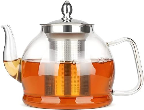 HEMOLY 1200ML Teekanne mit Stövchen, Glasteekanne, Teekanne Glas mit Siebeinsatz, Teekanne aus Glas 1,2L, Glasteekanne für Losen Tee & Teebeutel