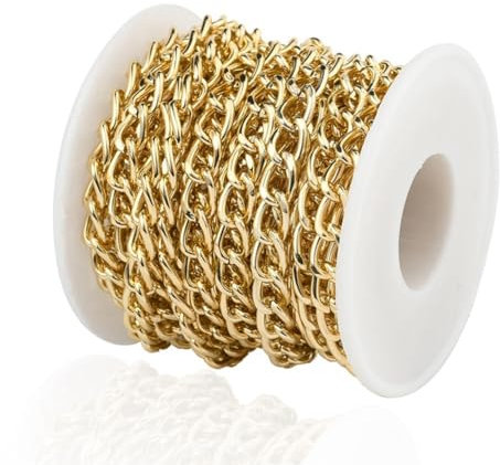 ThaiRoot 5M 10 x 6,5 mm Aluminium Panzerketten mit Spule Gliederketten zum Basteln Schmuck Ketten Verdreht Kabel Basteln Zubehör Halskette Ketten Metallkette für DIY Schmuckherstellung Gold