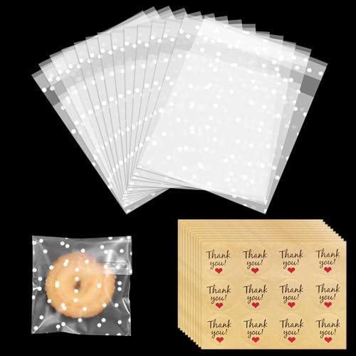 100 Stück Zellophantüten, wiederverschließbare Kekstüten, selbstklebende Süßigkeitentüten mit Dankeschön-Aufkleber für Kekse, Bonbons, Gebäck, Schmuck, Seifen, Geschenke und Haarnadeln (10×10 cm)