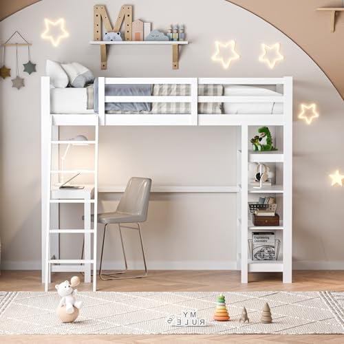 Fofetbfo Hochbett 90 x 200 cm, Kinderbett mit Stauraum unter dem Bett, Doppelbett mit 4 Aufbewahrungsfächern und Schreibtisch unter dem Bett, Lattenrost aus Holz, Weiß