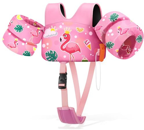 HeySplash Gilet da Nuoto per Bambini, Braccioli Galleggianti da Bambini con Cinghia Regolabile per Piccoli da 6-15kg, Giubbotto Galleggiante Bracciali Nuoto con Fischio, Fenicottero Rosa Estivo