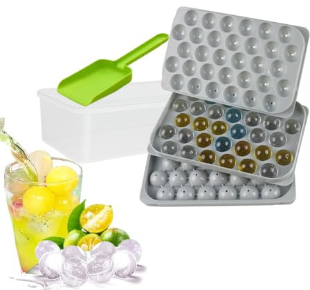 Ball Ice Cube Tray with Lid and Ice Bin Storage Container, Fast and Easy Release All Small Ice Balls, 2X 32pcs 2cm Round Ice Cubes for Tea Coffee, Plastic Ice Ball Maker (2Ice Tray & Bin & Ice Tong)