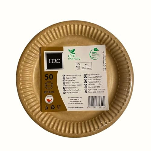 HRC Eco - Platos de papel desechables, 18 cm, color marrón, 50 unidades, para barbacoas, senderismo, bautizos, fiestas, cumpleaños, compostables, materiales ecológicos, platos de papel redondos