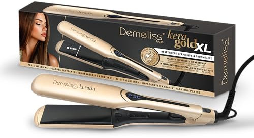 Demeliss Saint Algue Plancha Kera-GOLD XL – Placas anchas de queratina – 14 temperaturas, pantalla digital – Cable giratorio 360° – Suavizado profesional – Apto para todo el cabello – Pantalla digital