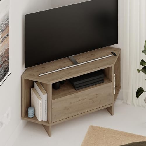 Hocuspicus HOCUS PICUS Modern Corner TV Unit up to 40 Inch TVs, Push to Open Door TV Storage Cabinet and 3 Open Shelves, 95.7(H) cm TV Table for Living Room, Bedroom (Natural Oak)