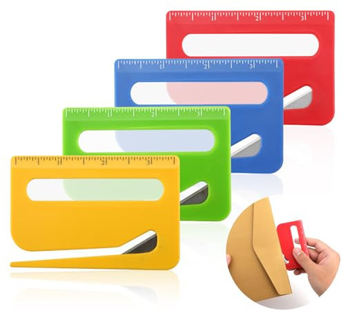 Gosknor 4pcs Ouvre Enveloppe, Coupe-Enveloppes avec Échelle Pointe Pointue et Loupe Coupe-Papier d'Emballage Amélioré Outil d'Ouverture de Courrier (4 Couleurs)