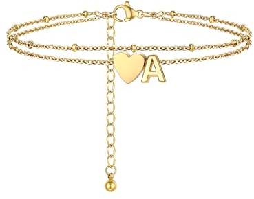 PROSTEEL Bracelet de Cheville Plaqué Or pour Femme, Chaîne Double Couche avec des Charmes Cœur et Lettre, Chaîne de Cheville Ajustable de 22+5cm