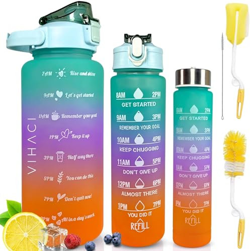 VIHACI Pack 3 Botellas Agua Gimnasio Motivacional Grande - 2L 1L 300ml Botella Agua Gym Deportiva Reutilizable Libre BPA - Cantimplora Agua Deportiva - Bidon Agua Deporte Gimnasio - Modernas (Verde)