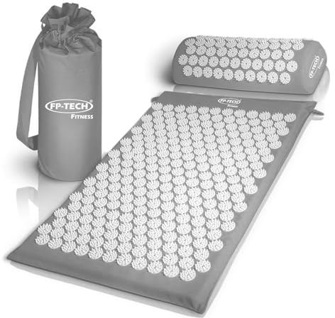 FP-TECH Fitness Akupressurmatte mit ergonomischem Kissen - Anti-Stress-Massageset für Rücken und Nacken - natürliche Baumwolle, mit Tragetasche - Entspannung und Schmerzlinderung (grau)