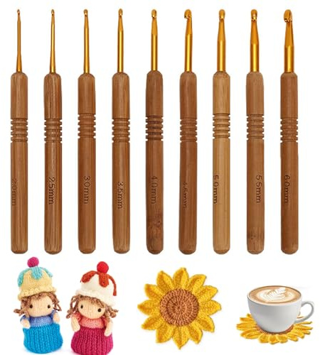DHER Häkelnadel-Set, Häkelnadeln, Holz HäKeln, Bambus, Zubehör, Häkelnadeln, Baumwolle, Seide, Trilobit und alle Arten von Wolle, Baumwolle, für Anfänger und Experten (B 9 pcs)