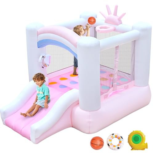 Bestsun - Bouncy Castle for Kids, 104 x 72 x 71, bouncy castle for ages 3-8, bouncer with slide, jumping area, basketball hoop, twister set, blower included