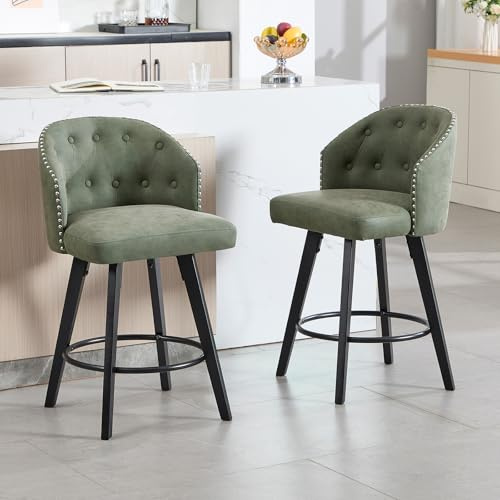 KHISCHMO Barhocker 2er Set Barstuhl aus Leder 360° Drehbar mit Holzrahmen Frühstück Barstühle für Esszimmer Armlose Tresenhocker für Küchentheke Bar, Grün