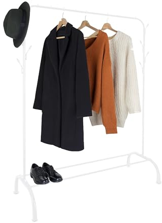 Relaxdays clothing rack, HxWxD: 148 x 110 x 40 cm, shelf, hooks & rail, metal, coat stand, white