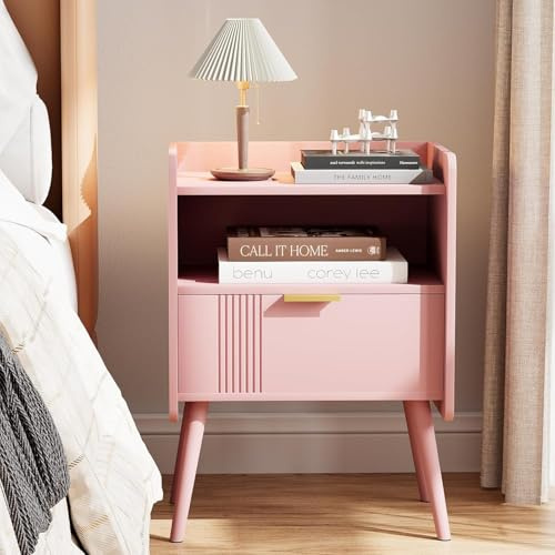 Bedside Table, Nightstand, Bed Side Table with Wood Decorated Drawers | Modern Bedside Cabinet, Bedroom End Table with Storage, Quick Easy Assembly (Pink, One Drawer), Chest of Drawers