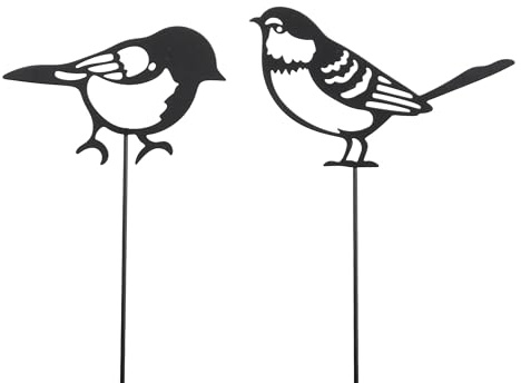 Decoris Gartenstecker Vogel am Stab 15x35cm Eisen 2er Set Schwarz | Metall Gartenstecker für Osterdeko & Frühlingsdeko - Dekoartikel zum Stecken für Ostern Frühling - Pflanzenstecker Schwarz