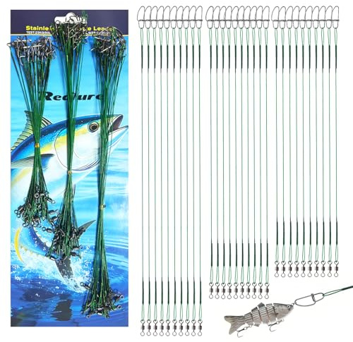 Realure 60Pcs Fishing Leaders, 3 Size Steel Wire Traces for Pike Fishing | Includes 15/20/25cm sizes with 40lb strength, swivels and snaps for pike, predator and saltwater fishing rigs.