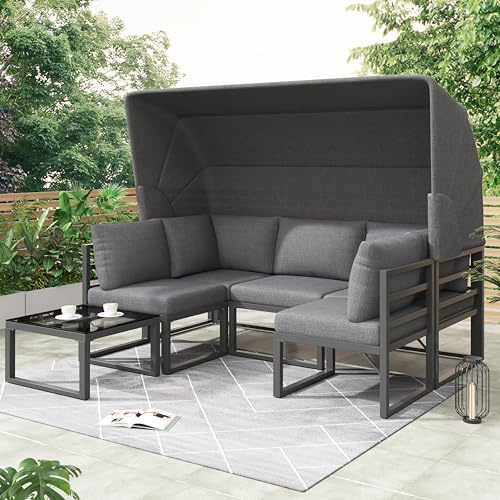 Iron Sunny Island Sitzgruppe Hocker und Tisch mit Markise 4er Set Balkon und Garten Loungemöbel Terrassenmöbel Wetterfest Grau Inkl.Garten Loungesessel Set,aller Kissen(previous sku:HW24006AAA)