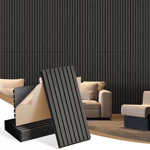 INMOZATA 8 Pack Acoustic Wall Wood Panels Self-Adhesive Sound Absorbing Wall Panels 30x60CM Echo Reducing Decorative Soundproof Wall Panels for Living Room Bedroom Office Home Studio(Black)