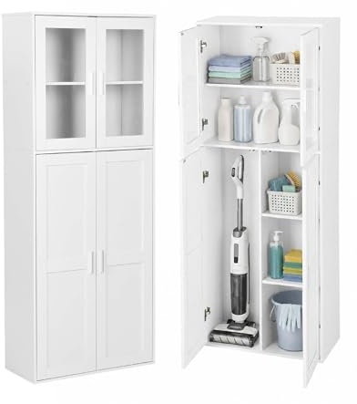 Xinyvee Armario Escobero y Mueble Auxiliar con Puerta de Cristal, Armario Columna de Cocina para Aspiradora, Diseño Shaker Blanco, Despensa Alta para Lavadero y Entrada, 65x30x165cm