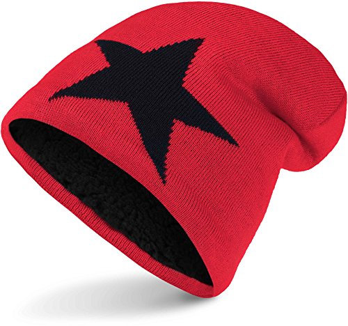 Balinco Warme Feinstrick Beanie Mütze mit Stern sehr weichem Innenfutter, Unisex (Red (Black Star))