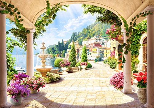 wandmotiv24 Fototapete Seeblick Sandstein Terrasse, L 300 x 210 cm - 6 Teile, Wanddeko, Wandbild, Wandtapete, Stein-weg, Italien, Fresko M1080