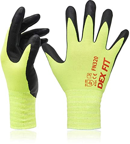 DEX FIT Premium Nylon Nitrile Work Gloves FN320, 3 Pairs, 3D-Comfort Stretchy Fit, Firm Grip, Thin & Lightweight, Durable, Breathable & Cool, Machine Washable; Neon Green 7 (S)