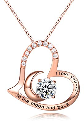 PRETTERY Rose Gold Plated Sterling Silver Necklace I Love You to The Moon and Back Zirconia Heart Pendant Gifts for Women,18+2 Chain