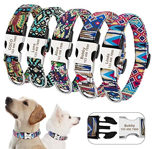 Collar de Perro con diseño Tribal Personalizado con Placa de Nombre grabada – Collar de Perro Personalizado con Hebilla Ligera – Collar Ajustable para Mascotas para Perros pequeños medianos Grandes