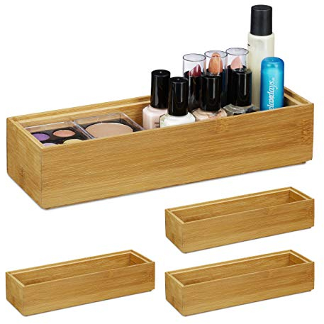 Relaxdays 4 x Ordnungsbox Bambus, stapelbar, natürliche Optik, Aufbewahrungsbox Küche, Bad, Dekobox, HxBxT: 5 x 23 x 7,5 cm, natur