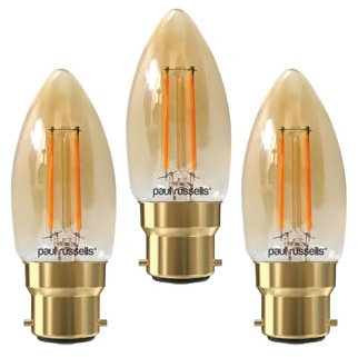 paul russells LED Candle Filament Light – 2.5W 20W Equivalent Replacement, 200LM Lumens, 2200K Extra Warm White, BC B22 Bayonet Cap C35 Bulbs – Energy Saving Non-Dimmable Lamps - 3 Pack
