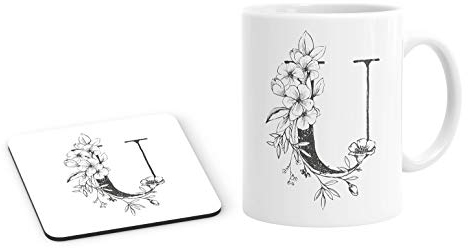 Personalised Initial U Any Letter Vintage Black Floral Mug and Coaster Set Coffee Tea Cup