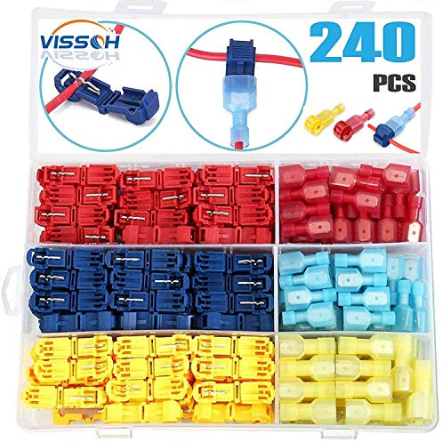 VISSQH 240Pcs T Tap Electrical Connectors, Quick Splice Wire Terminals, T Tap Electrical Connectors, with Nylon Fully Insulated Male Spade Quick Disconnects Kit (Yellow, Red and Blue)